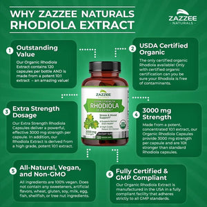 ZAZZEE NATURALS - Zazzee USDA Organic Rhodiola 10:1 Exract 3000Mg. 120 Capsulas - The Red Vitamin MX - Suplementos Alimenticios - {{ shop.shopifyCountryName }}