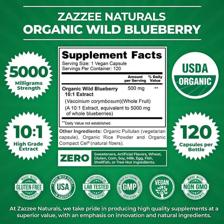 ZAZZEE NATURALS - Zazzee USDA Organic Wild Blueberry 10:1 Extract 5000Mg. 120 Capsulas - The Red Vitamin MX - Suplementos Alimenticios - {{ shop.shopifyCountryName }}