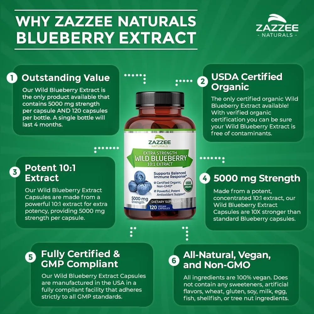 ZAZZEE NATURALS - Zazzee USDA Organic Wild Blueberry 10:1 Extract 5000Mg. 120 Capsulas - The Red Vitamin MX - Suplementos Alimenticios - {{ shop.shopifyCountryName }}