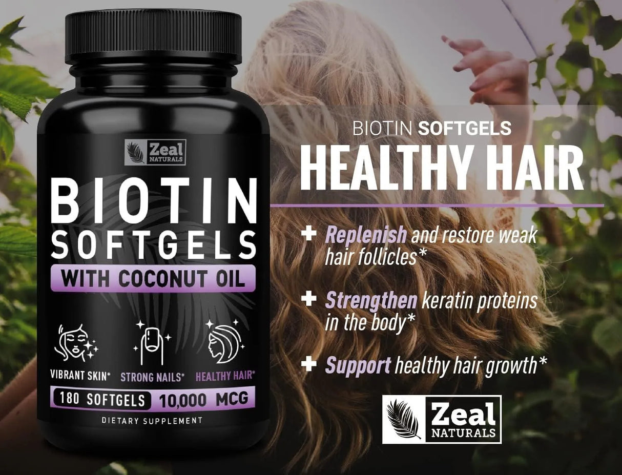 ZEAL NATURALS - Zeal Naturals Biotin with Coconut Oil for Hair 10000mcg 180 Capsulas Blandas - The Red Vitamin MX - Suplementos Alimenticios - {{ shop.shopifyCountryName }}