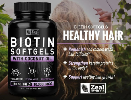 ZEAL NATURALS - Zeal Naturals Biotin with Coconut Oil for Hair 10000mcg 180 Capsulas Blandas - The Red Vitamin MX - Suplementos Alimenticios - {{ shop.shopifyCountryName }}