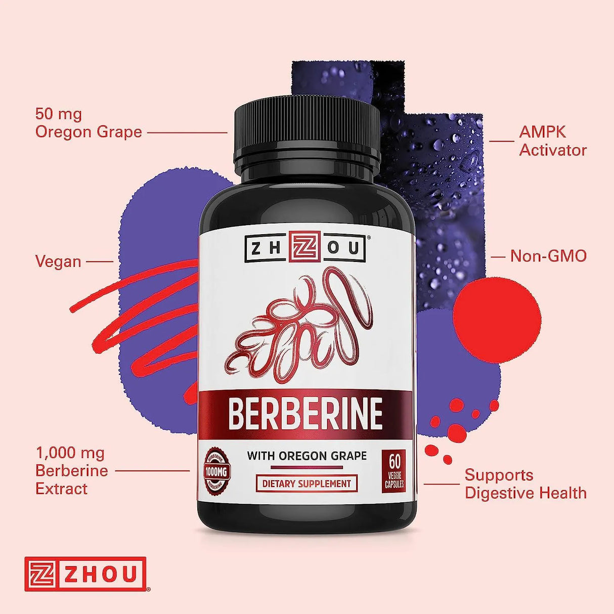 ZHOU - Zhou Nutrition Berberine Supplement 1000Mg. 60 Capsulas - The Red Vitamin MX - Suplementos Alimenticios - {{ shop.shopifyCountryName }}