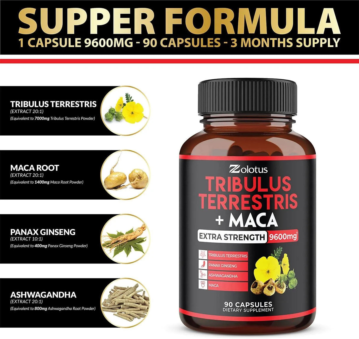 ZOLOTUS - Zolotus Premium Tribulus Terrestris Maca 9600Mg. 90 Capsulas - The Red Vitamin MX - Suplementos Alimenticios - {{ shop.shopifyCountryName }}