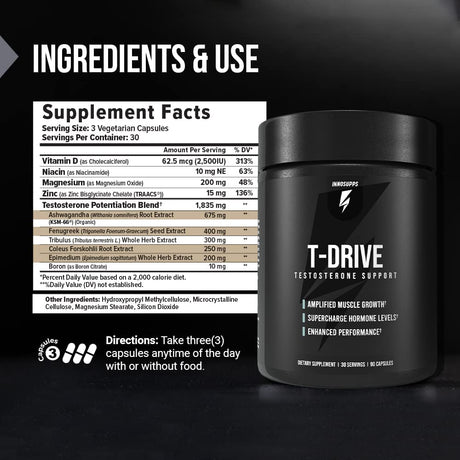 InnoSupps T-Drive Testosterone Booster Amplify Muscle Growth 90 Capsulas - The Red Vitamin MX
