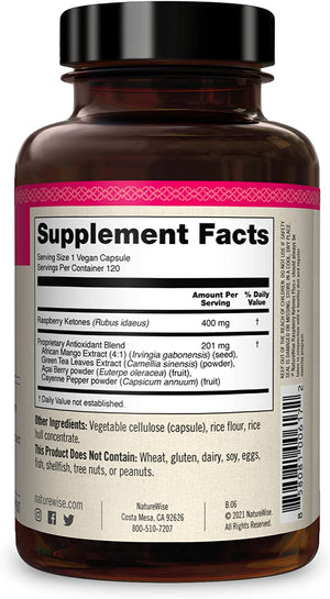 Naturewise Raspberry Ketones Plus+ 120 Capsulas - The Red Vitamin MX