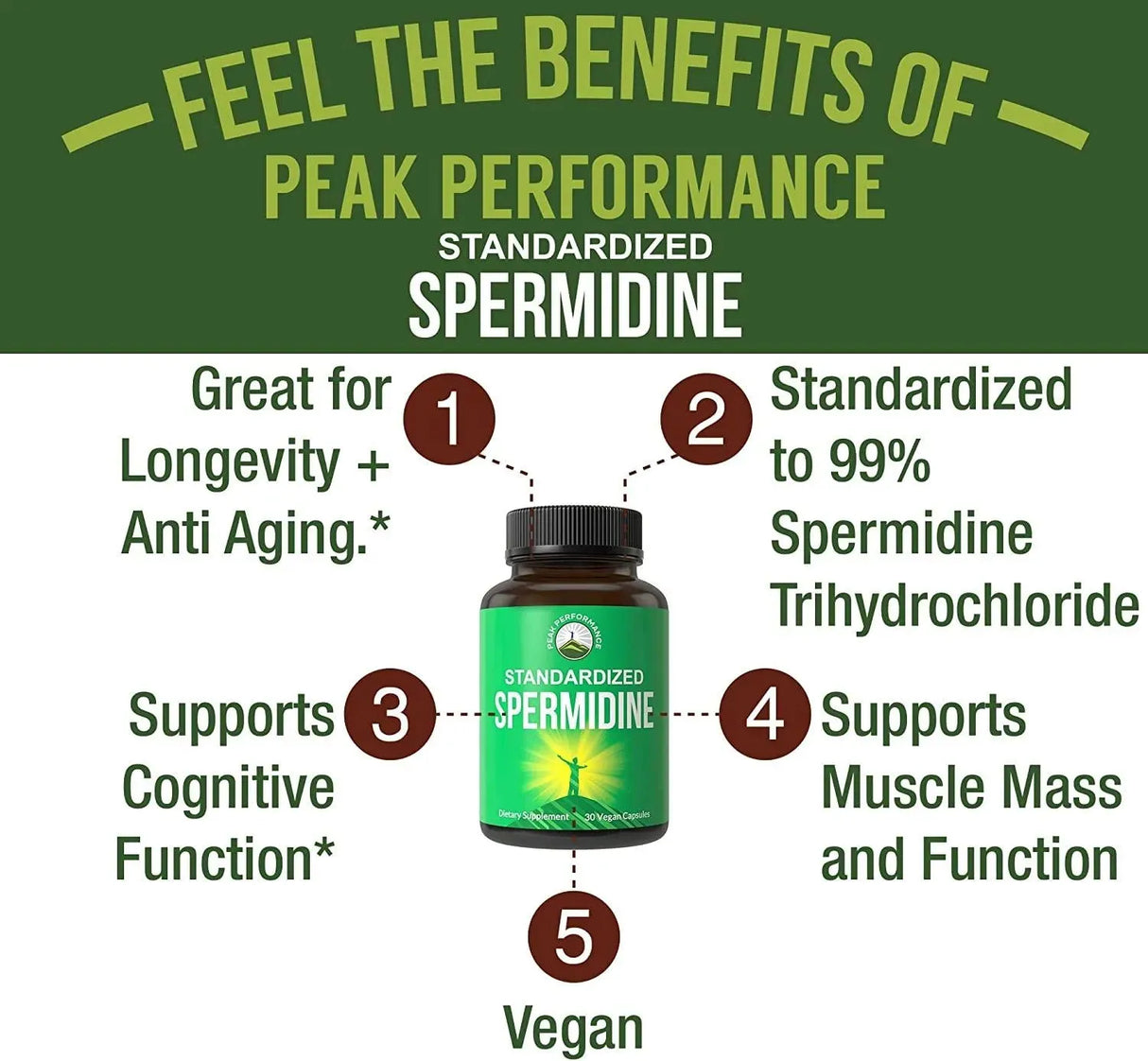 PEAK PERFORMANCE - Peak Performance Spermidine Supplement Ultra High Strength Standardized to 99% Spermidine Trihydrochloride 30 Capsulas - The Red Vitamin MX - Suplementos Alimenticios - {{ shop.shopifyCountryName }}