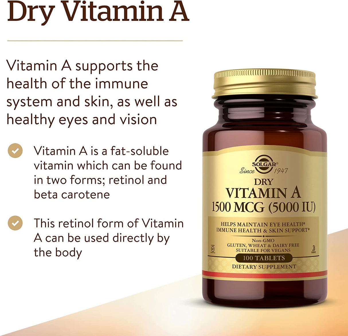 Solgar Dry Vitamin A 5000IU 100 Tabletas - The Red Vitamin MX