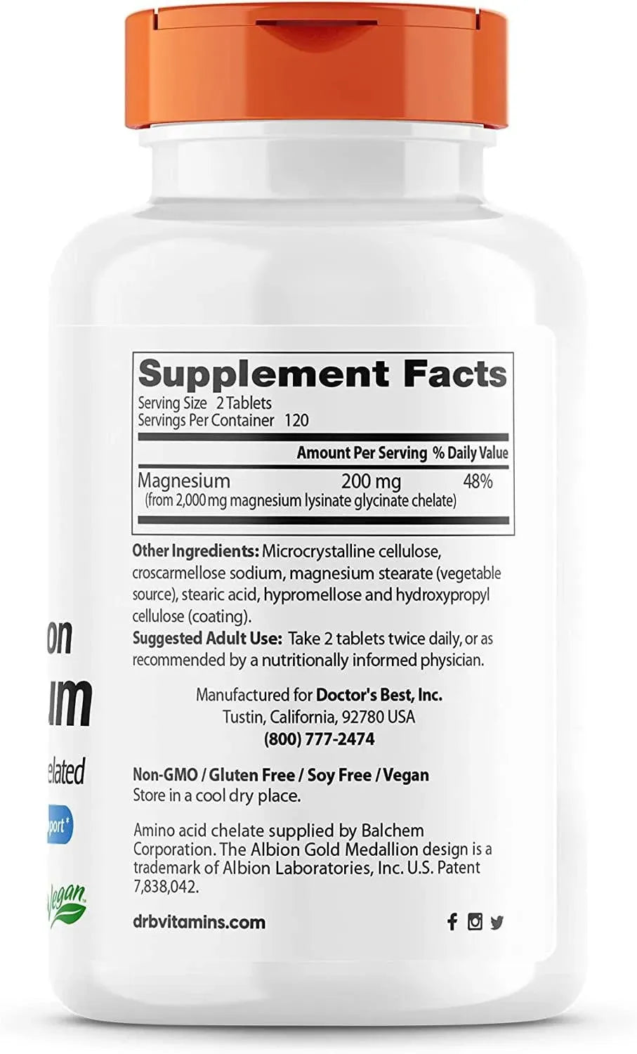 DOCTOR'S BEST - Doctor's Best High Absorption Magnesium 100% Chelated 240 Tabletas - The Red Vitamin MX - Suplementos Alimenticios - {{ shop.shopifyCountryName }}