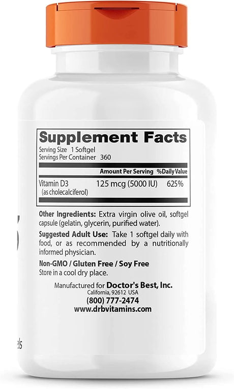 DOCTOR'S BEST - Doctor's Best Vitamin D3 5000IU 360 Capsulas - The Red Vitamin MX - Suplementos Alimenticios - {{ shop.shopifyCountryName }}