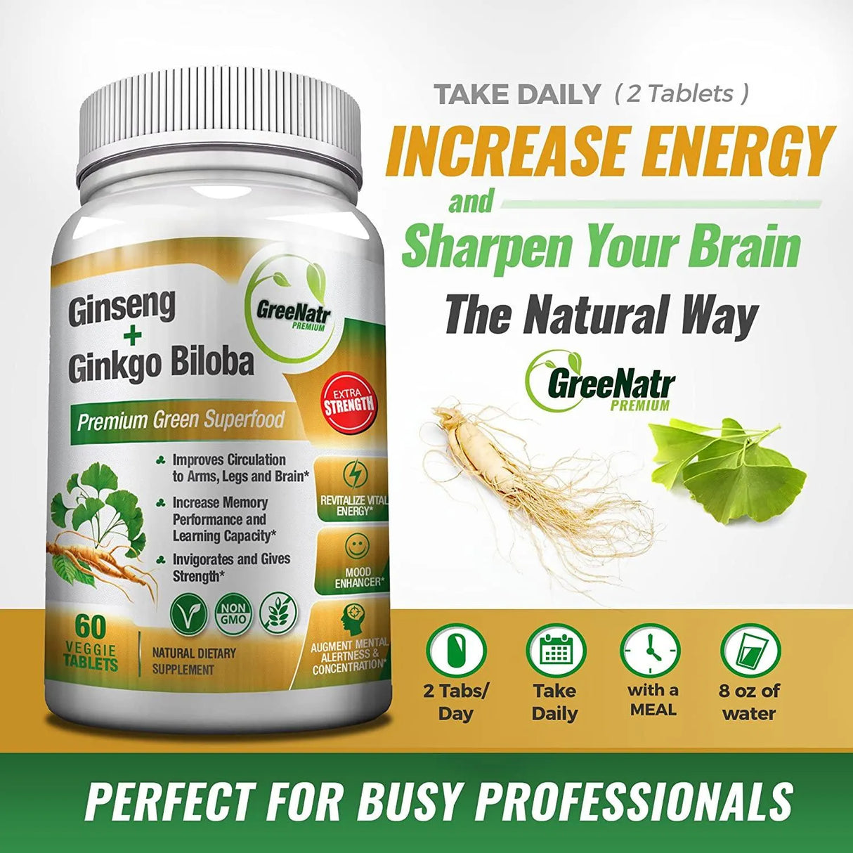 GREENATR - GreeNatr Premium Panax Ginseng + Ginkgo Biloba 60 Tabletas - The Red Vitamin MX - Suplementos Alimenticios - {{ shop.shopifyCountryName }}