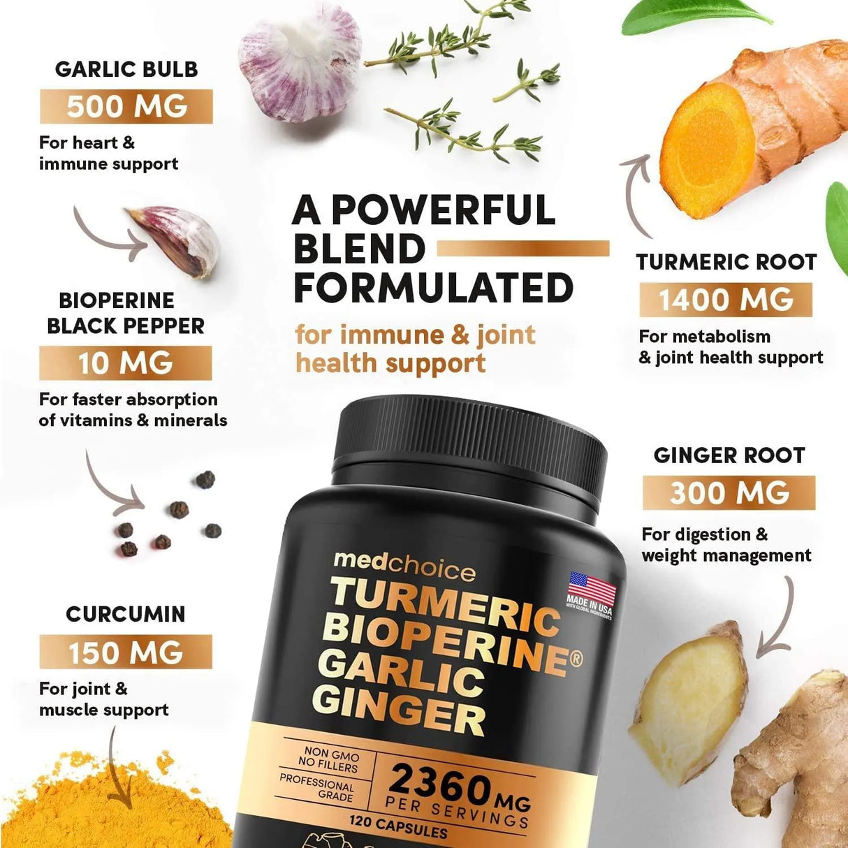 MEDCHOICE - Medchoice Turmeric Bioperine Garlic Ginger 120 Capsulas - The Red Vitamin MX - Suplementos Alimenticios - {{ shop.shopifyCountryName }}