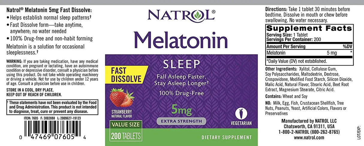 NATROL - Natrol Melatonin Extra Strength Fast Dissolve 5Mg. Strawberry 200 Tabletas - The Red Vitamin MX - Suplementos Alimenticios - {{ shop.shopifyCountryName }}