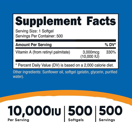 NUTRICOST - Nutricost Vitamin A 10,000IU 500 Capsulas Blandas - The Red Vitamin MX - Suplementos Alimenticios - {{ shop.shopifyCountryName }}