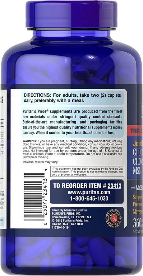 PURITAN'S PRIDE - Puritan´s Pride Double Strength Glucosamine Chondroitin MSM Joint Soother 360 Tabletas - The Red Vitamin MX - Suplementos Alimenticios - {{ shop.shopifyCountryName }}