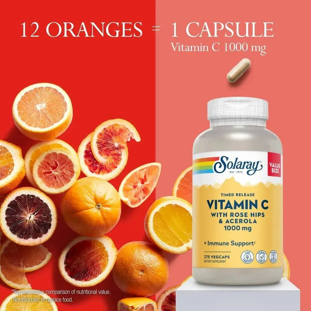SOLARAY - Solaray Vitamin C 1000mg Timed Release Capsules with Rose Hips & Acerola Bioflavonoids 275 Capsulas - The Red Vitamin MX - Suplementos Alimenticios - {{ shop.shopifyCountryName }}