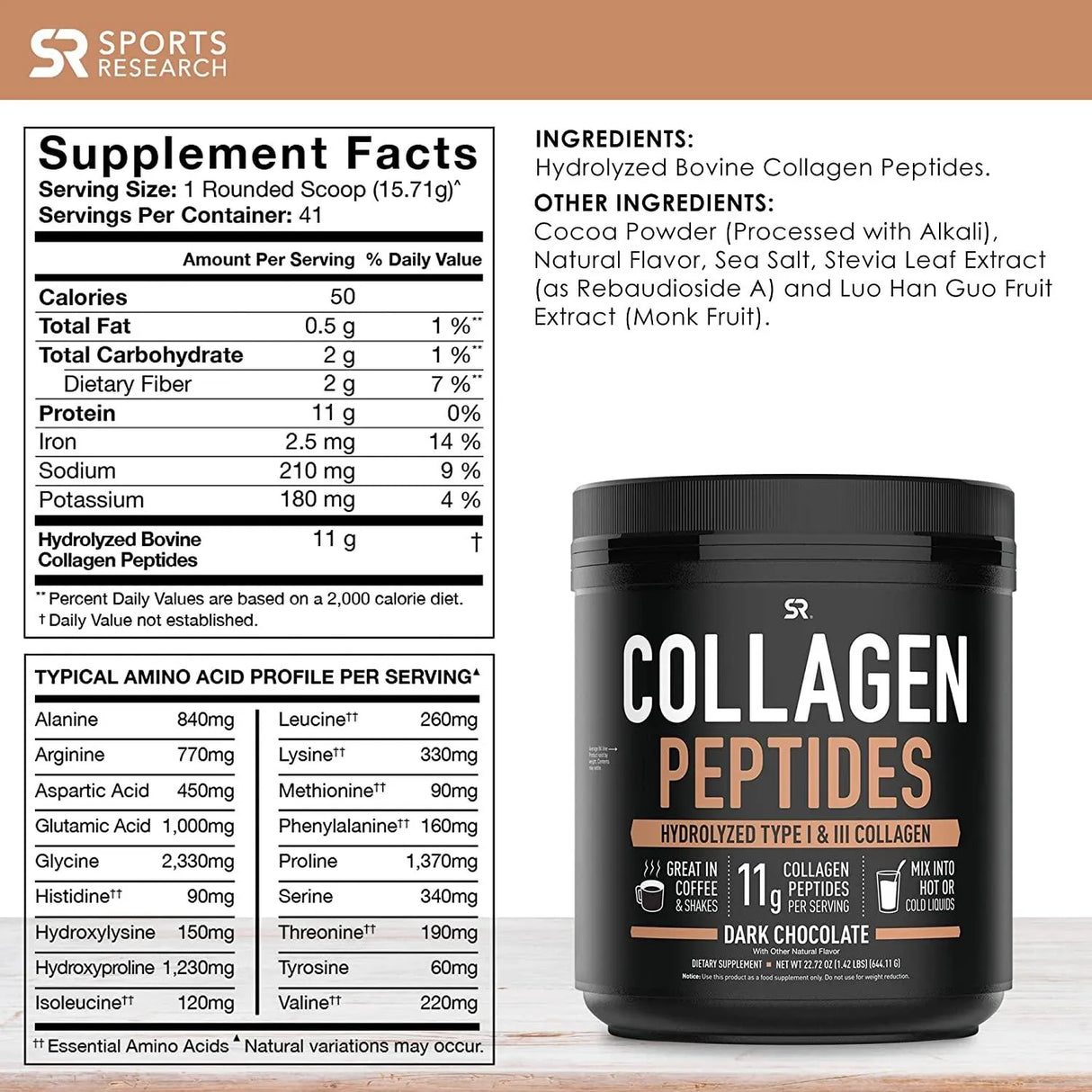 SPORTS RESEARCH - Sports Research Collagen Peptides Powder Dark Chocolate 22.72Oz. - The Red Vitamin MX - Suplementos Alimenticios - {{ shop.shopifyCountryName }}