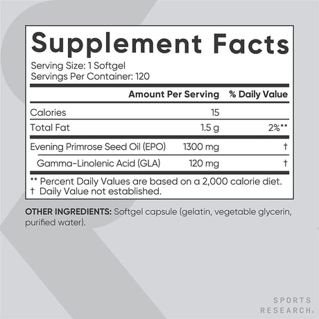 SPORTS RESEARCH - Sports Research Evening Primrose Oil 1300Mg. 120 Capsulas Blandas - The Red Vitamin MX - Suplementos Alimenticios - {{ shop.shopifyCountryName }}