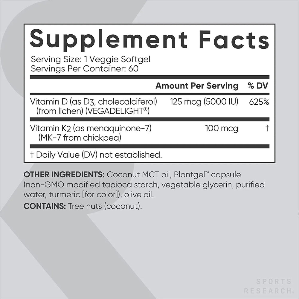 SPORTS RESEARCH - Sports Research Vitamin K2 + D3 with Organic Coconut Oil 60 Capsulas - The Red Vitamin MX - Suplementos Alimenticios - {{ shop.shopifyCountryName }}