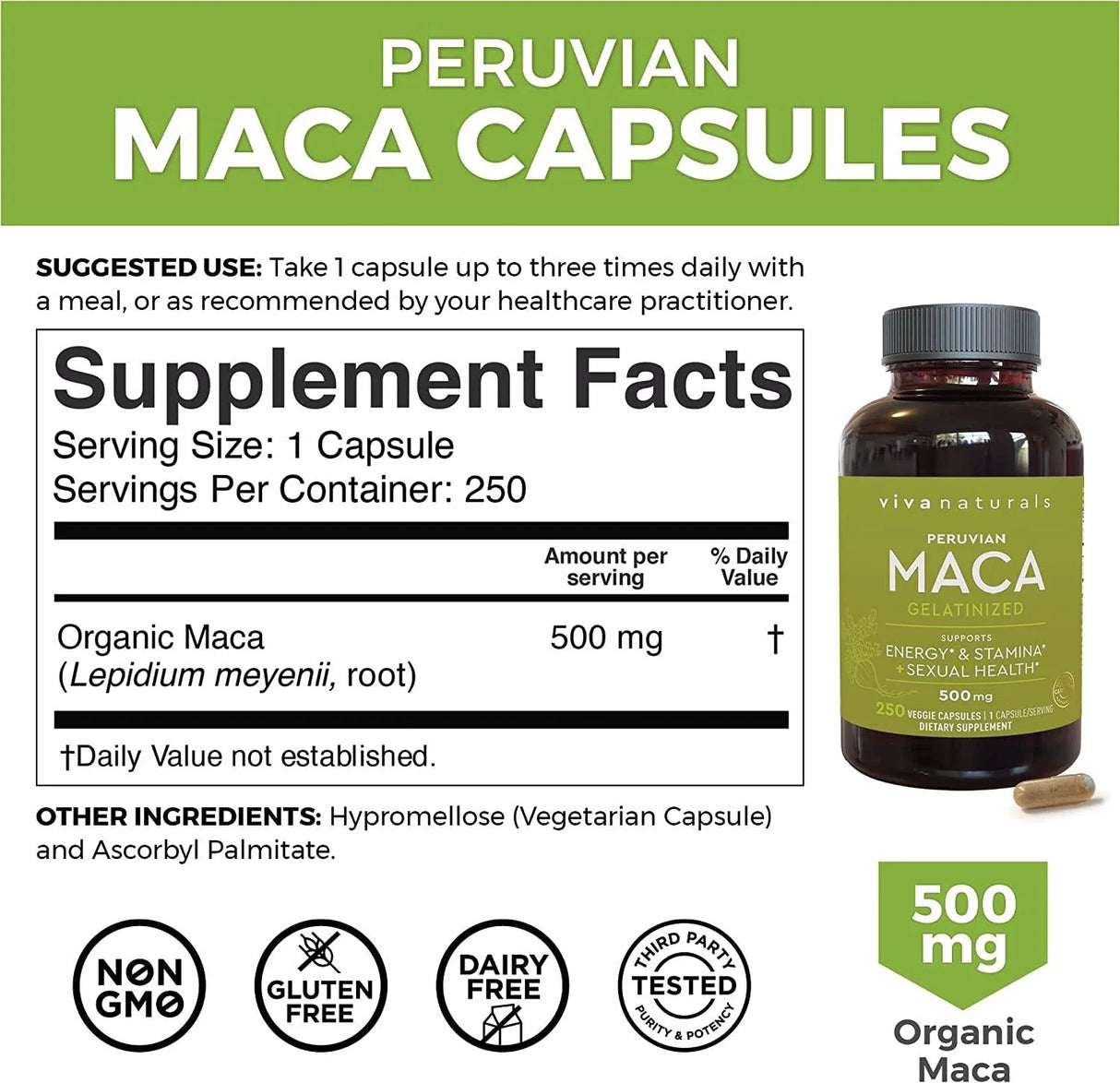 VIVA NATURALS - Viva Naturals Peruvian Maca 500Mg. 250 Capsulas - The Red Vitamin MX - Suplementos Alimenticios - {{ shop.shopifyCountryName }}