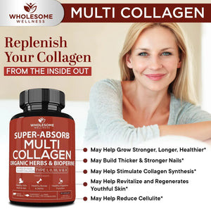 WHOLESOME WELLNESS - Wholesome Wellness Super-Absorb Multi Collagen Organic Herbs and Bioperine 90 Capsulas - The Red Vitamin MX - Suplementos Alimenticios - {{ shop.shopifyCountryName }}